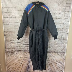 Vintage UPC Large Black Snow Ski Suit Jumpsuit Belted Blue Red Yellow USA Hood